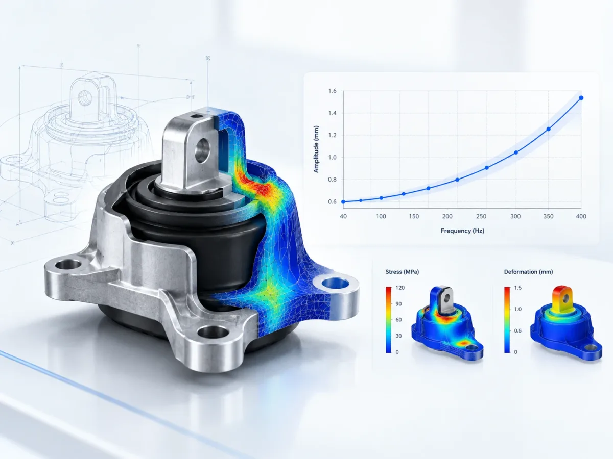 TechNix engine mounting cut-away with stress, deformation and frequency-response simulation