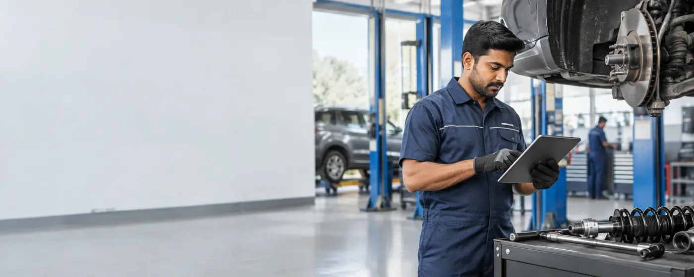 Professional workshop technician using a tablet beside a vehicle lift